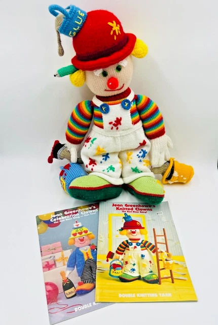 VINTAGE HAND KNITTED 56cm Clown with x Jean Greenhowe's Knitted