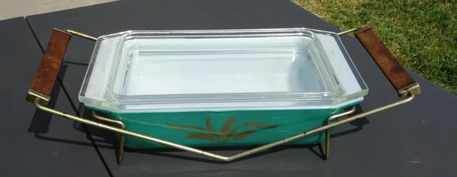 Rare VTG Pyrex Green Wheat 575-B 2QT Promotional Space Saver Dish, Lid & Cradle