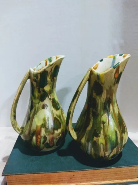 Pair of Vintage Ceramic Art Pottery Drip Glaze Pitchers Bud Vases MCM Retro