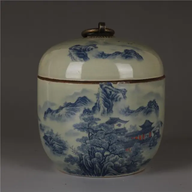 Chinese Blue and White Porcelain Jar Red Landscape Pattern Pot Tea Caddy 4.72"