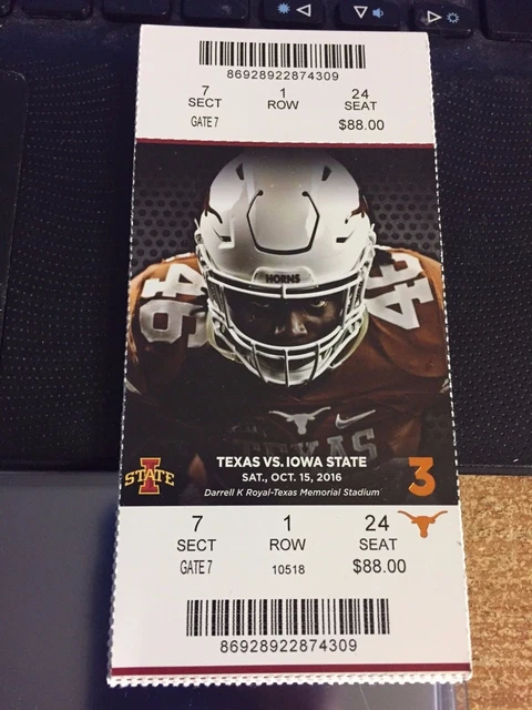 2016 Texas Longhorns Vs Iowa State Cyclones College Football Ticket Stub 10/15
