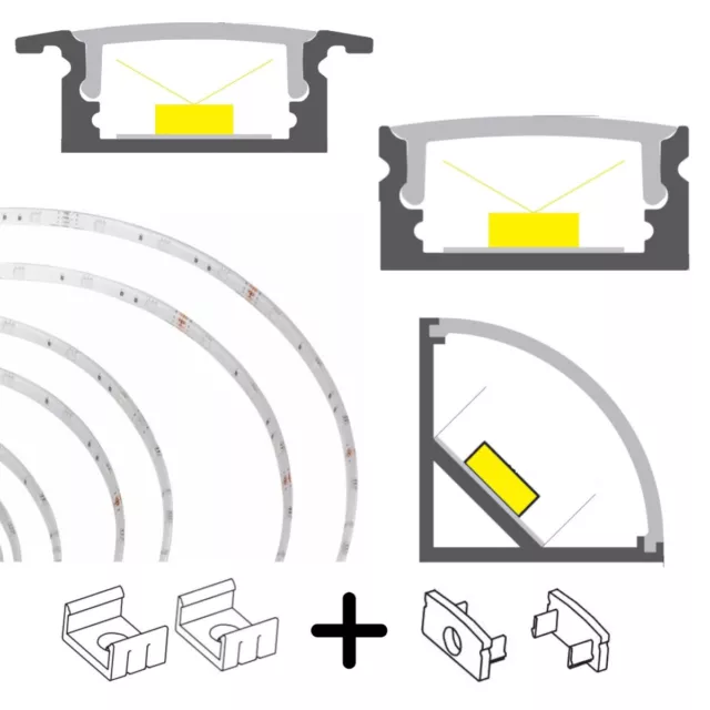 LED Aluprofil Profil LED Stripes Streifen 1m Schiene inkl.2Abdeckungen+Endkappen