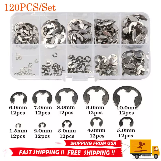 120X Assorted M1.5 - M10 Stainless E Clips C Circlip Kit Retaining Snap Ring Set