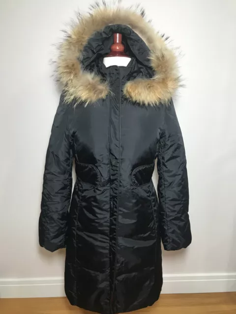 Via Spiga Womens Down Fill Jacket Fur Trim Hooded Black Full Zip Coat Sz S