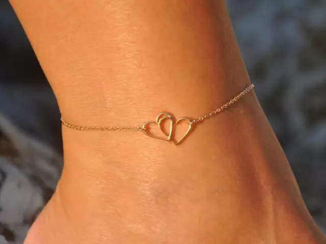 Double Heart Charm Adjustable Chain Anklet 925 Silver 14k Yellow Gold Plated