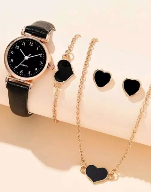 Ladies Watch With Bracelet & 3Pcs Jewellery Set Black Heart Gift For Women