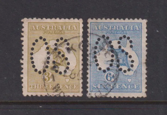 1913 3d Olive & 6d Blue First WMK Roos perforated large OS used