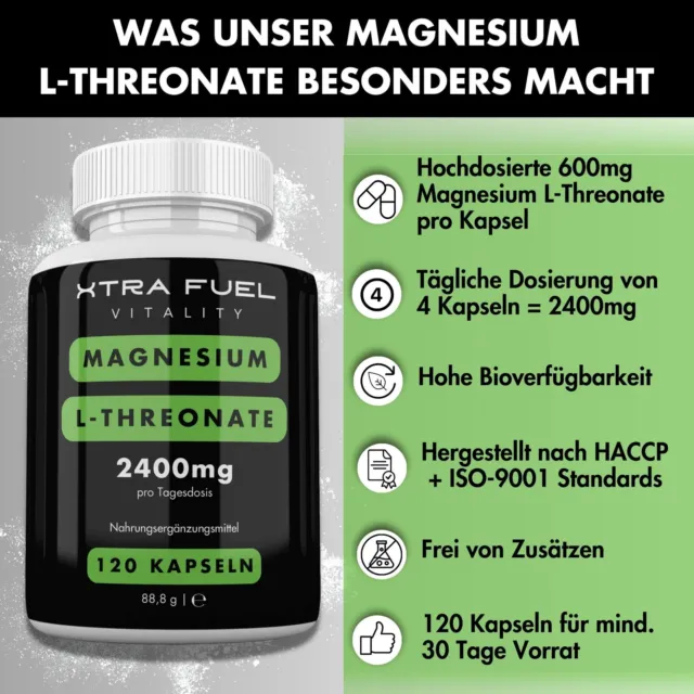 Magnesio L-treonato | 120 capsule (alto dosaggio) | 2400 mg | vegano e testato 3