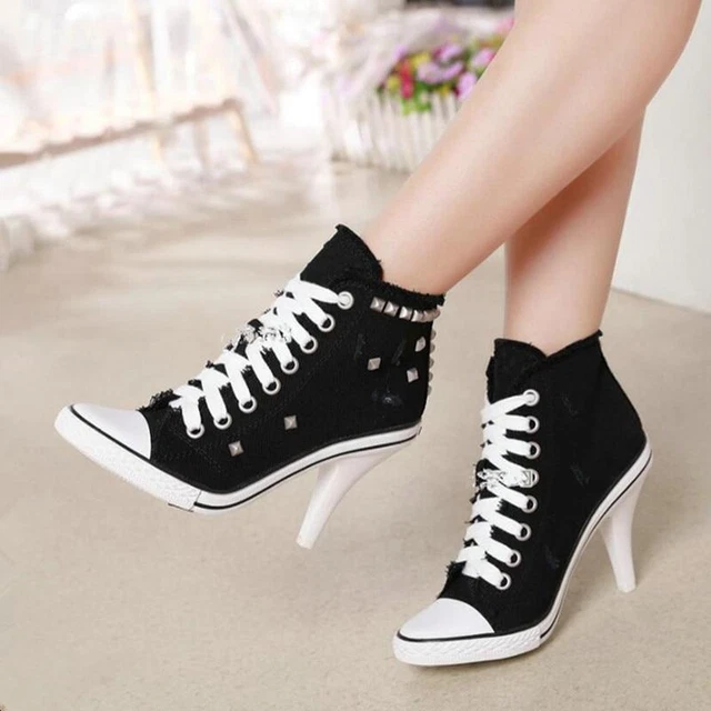 Lady's High Top High Heel Women Sneakers Pumps Lace Up Sport Shoes Canvas