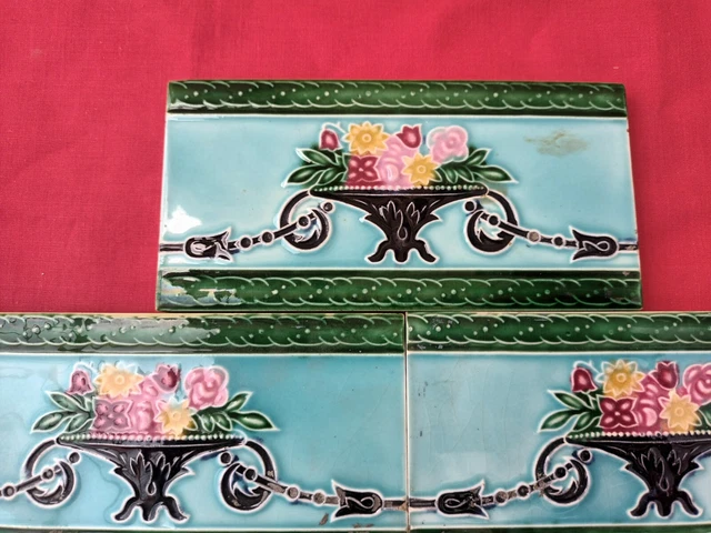 5 Piece Old Art Nice Flower Design Majolica Ceramic Tiles Japan 0067 5