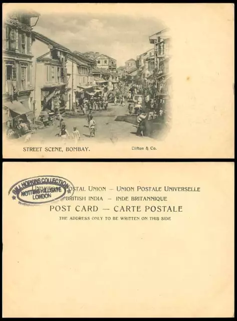 India Old U.B. Postcard Bombay Native Street Scene, Shops Animals, Clifton & Co.