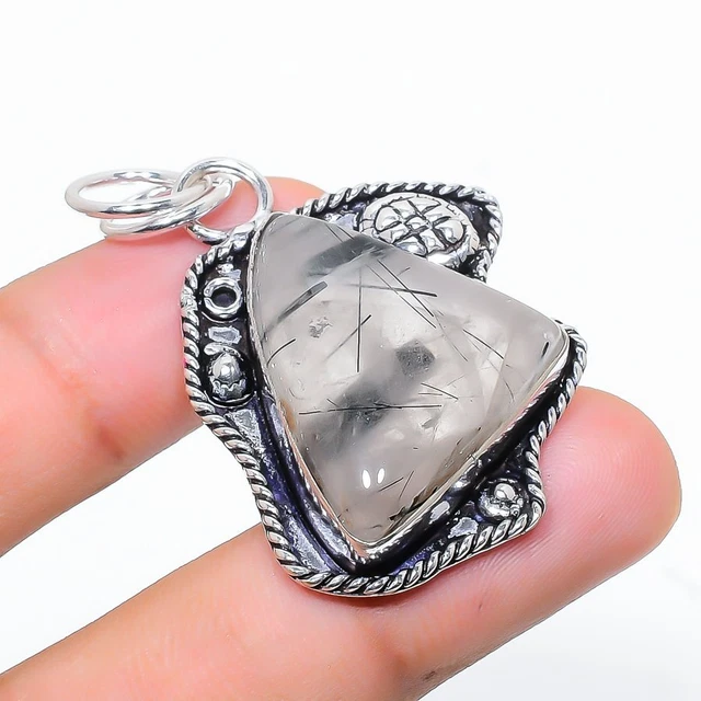 Black Rutile Gemstone 925 Sterling Silver Jewelry Pendant 1.97" Easter o208