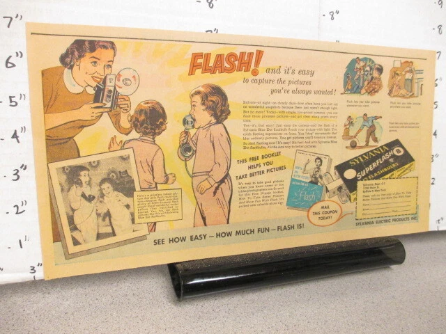 periódico anuncio 1953 SYLVANIA cámara flash bombilla gemelos GLEEM pasta de dientes construcción