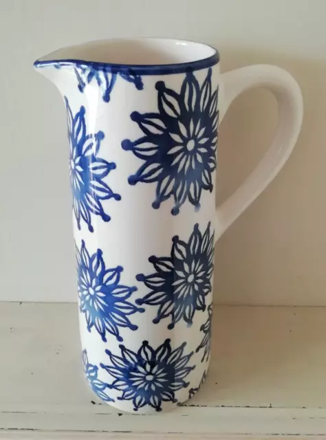 Farval Portugal Tall Pitcher Jug Hand Painted Spongeware Blue White 4 Pint