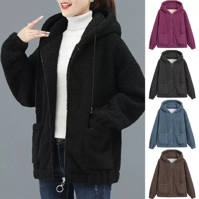 Ladies Casual Baggy Zip Up Hooded Jacket Coat Womens Teddy Bear Fleece Hoodie
