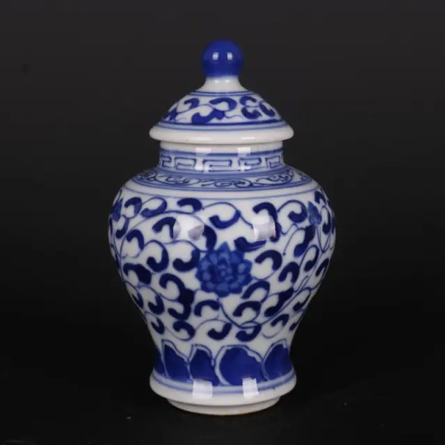 Chinese Blue & White Porcelain Jar Qing Qianlong Lotus Design Pot Tea Caddy 3.9"