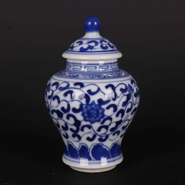 Chinese Blue & White Porcelain Jar Qing Qianlong Lotus Design Pot Tea Caddy 3.9"