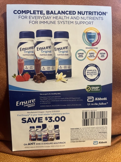 Lot of 25 ENSURE coupons  -- $3 off any Multipack, Expire 12/31/2023 ($75 value)