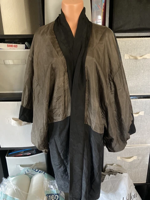 JAPANESE KIMONO ANTIQUE MENS HAORI Waterfall SCENERY Vintage Silk 50’s Black