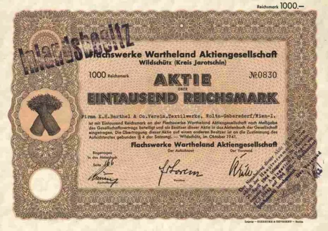 Flachswerke Wartheland 1941 Wildschütz Jarotschin Posen Schlesien 1000 RM Kupons