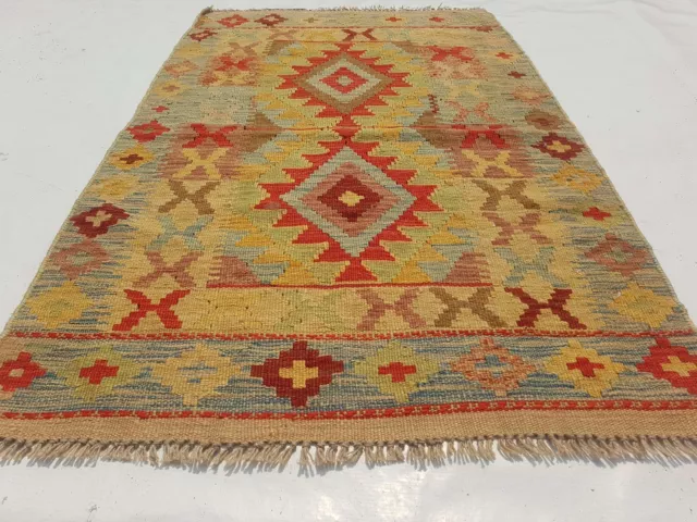 Distressed Fine Vintage Traditional Hand Made Oriental Wool Yellow Kilim 4x2.7ft