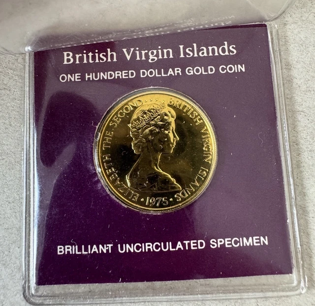 1975 $100 DOLLAR Gold Coin British Virgin Islands (0.90) 7.1g BU Queen ...