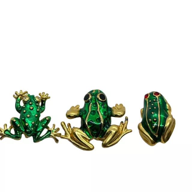 Frog Brooch Pin Set of Three Gold Tone Green Enamel Unbranded Vintage Amphibians