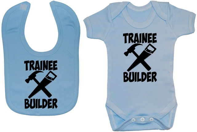 Trainee Builder Baby Grow/Romper & Feeding Bib 0-24m Boy Girl Gift