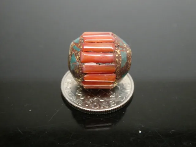 Vintage Tibetan Red Coral Inlaid Turquoise Bronze 13mm x 12mm Single Bead