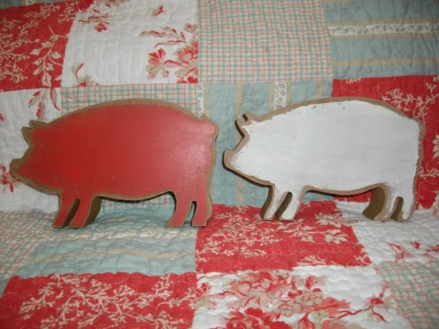 NEW! Wooden Decorative Pig Cut-Outs - Red/White Painted Fronts. Pigs/Farm/Decor