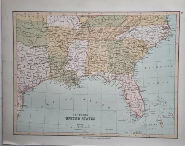 1878 Antique Map Southern United States Mississippi Alabama Texas Louisiana
