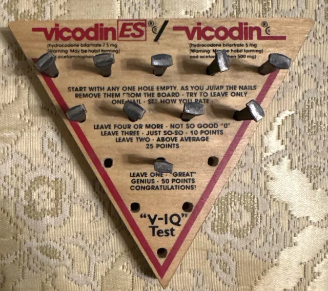 Vintage Vicodin ES "V-IQ" Test Game Puzzle Pharmaceutical Wood With 10 Nail Pegs