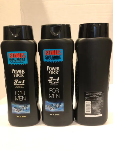 Power Stick 3in1 Mens Shampoo Cond. Body Wash 3 Bottles Cool Blue Water 18oz