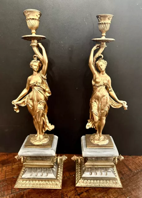 Pair Antique French Gilt Bronze Figural Candlesticks, Greek Goddeses