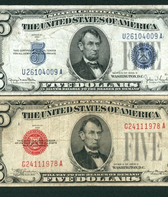 (( TWO NOTES )) $5 1934 / 1928 Silver Certificate/United States Note ** AUCTIONS