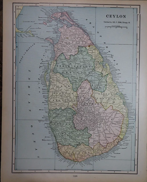 Old 1902 Cram's Atlas Map ~ CEYLON ~ (11x14)  ~Free S&H    #657