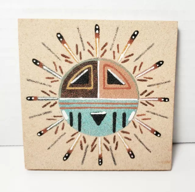 Native American Navajo Sun Small Sand Paintings Art Tile Plaque 4"x4" Signed