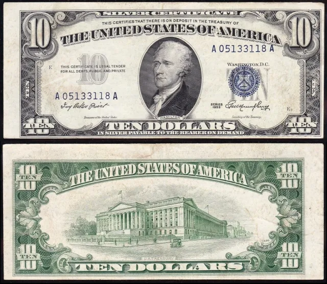 AWESOME Crisp HIGH GRADE 1953 $10 Silver Certificate! FREE SHIPPING! 33118A