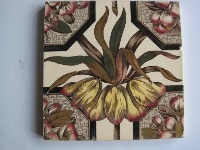 ANTIQUE VICTORIAN 6"  PRINT & TINT FLORAL TILE - c1886-95 - JACKSON BROS?