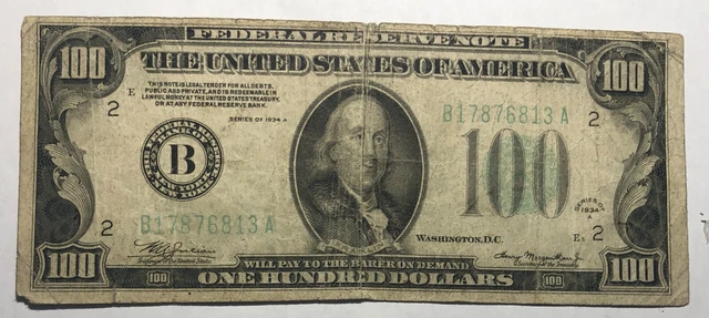 1934A green seal $100 Federal Reserve note, FRB B New York. Fray #65