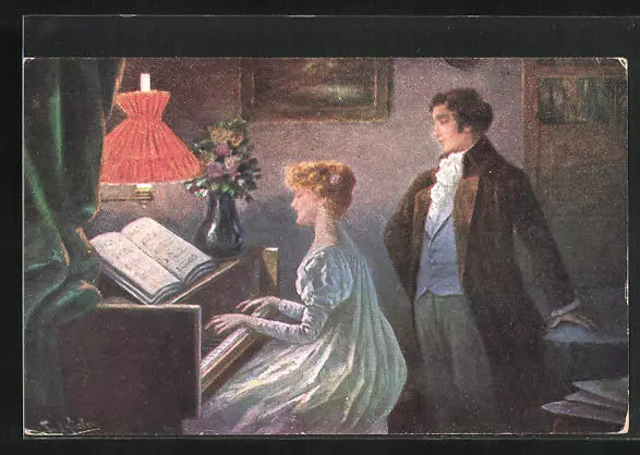 Künstler-AK Fr. Rösler: Das alte Lied, Frau spiel am Klavier, Mann schaut zu