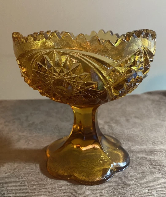 VINTAGE AMBER GLASS Pedestal Footed Compote Bowl Sawtooth Edge Candy
