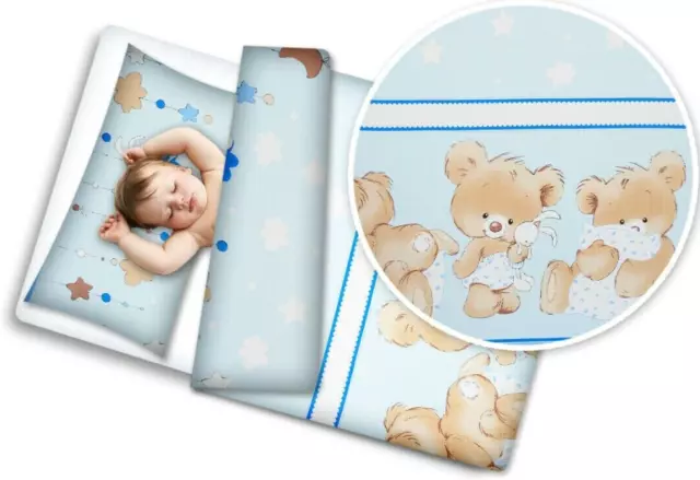 Baby Bedding Fit Cot bed 135x100cm Pillowcase Duvet Cover 2pc Cuddle Bears Blue