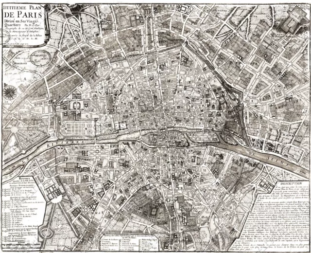 PARIS MAP HUGE VINTAGE historical PLAN FRANCE 1705 OLD ANTIQUE STYLE MAP Print