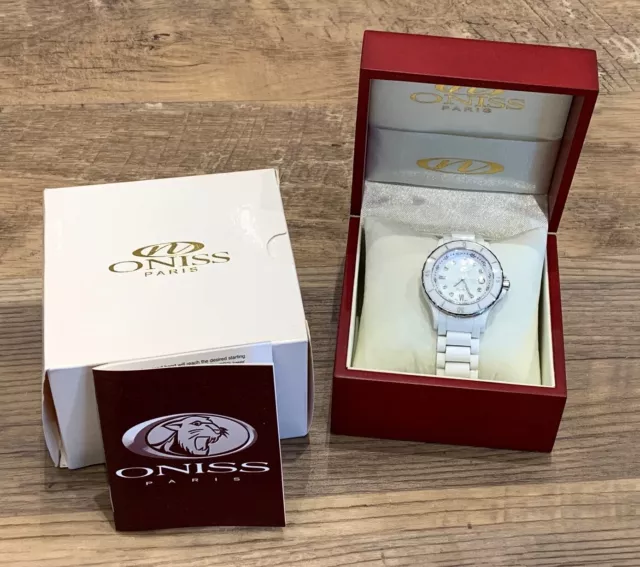 Womens ONISS Paris White Ceramic Watch ON608-L Sapphire Crystal Diamond Orig Box