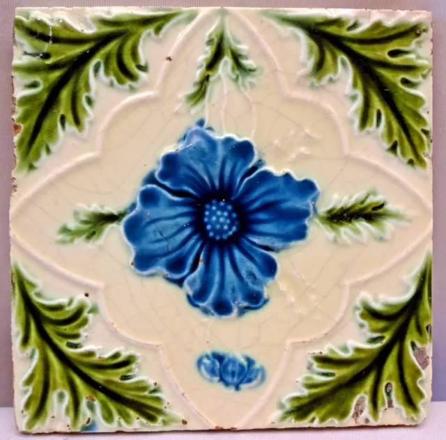 Antique English Tile Majolica Flower Motif Design Ceramic Architecture Rare "142