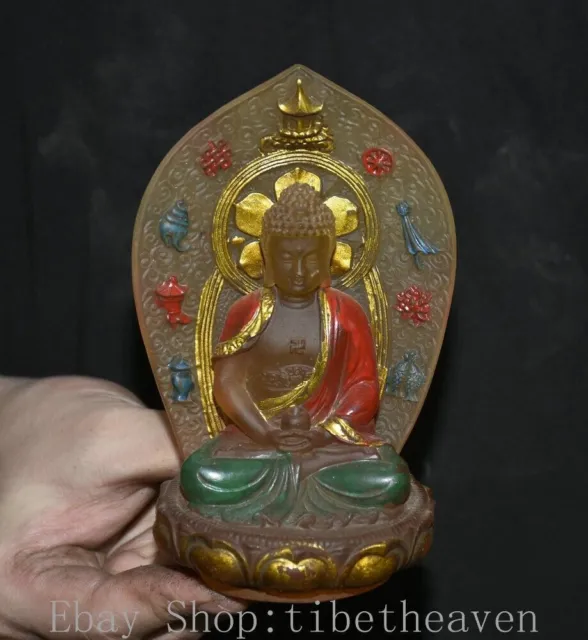 5” Old Chinese Glaze Paintings Buddhism Shakyamuni Amitabha Buddha Statue