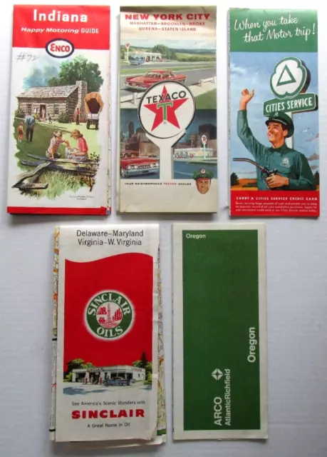 FIVE VINTAGE Oil Company Gas Road Maps - E6D