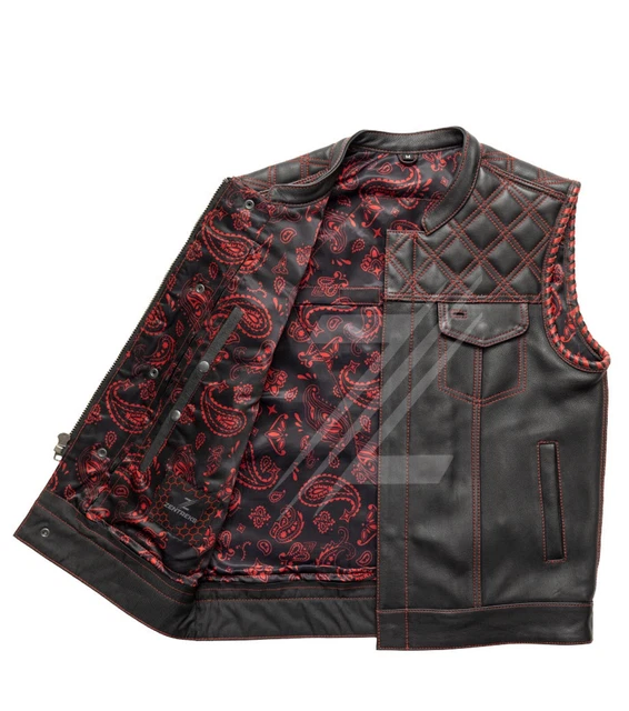 New Men's Leather Bikers Vest Riding Club Motorcycle Black/Red Diamond Quilted