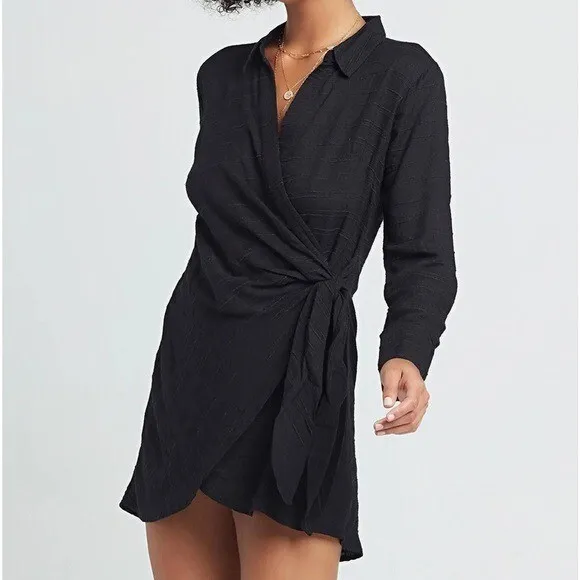 L*Space Black Daydream Tunic Wrap Ribbed Long Sleeve Mini Dress Size XS